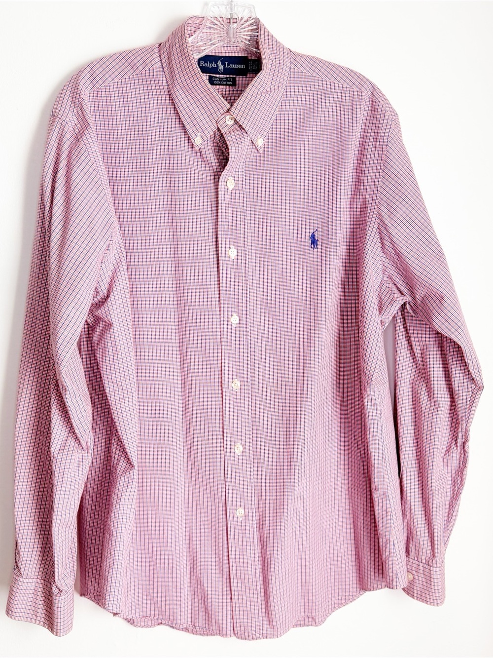 Ralph Lauren Men’s Pink Mini-Gingham Button-Down Shirt with Blue Pony